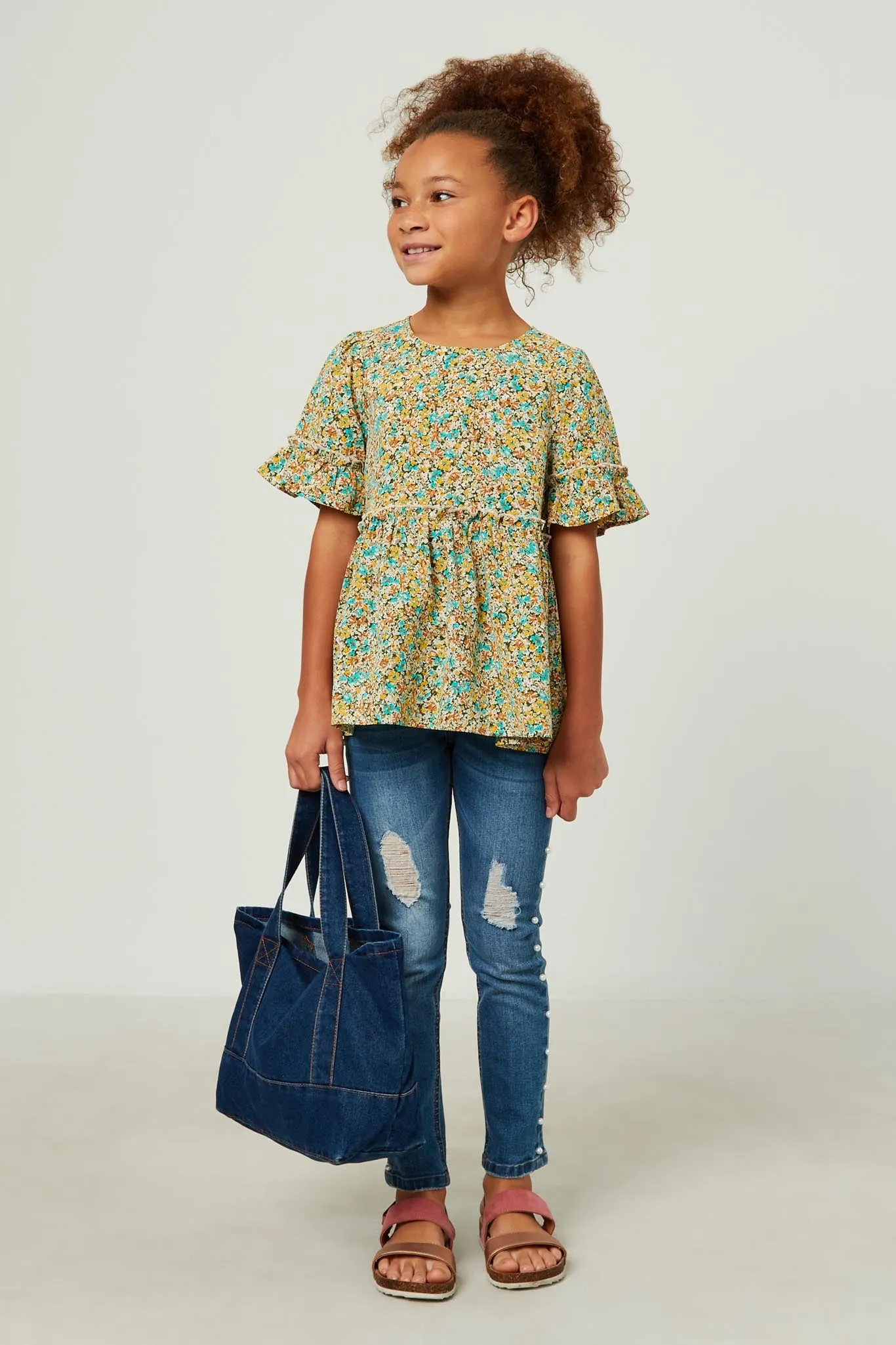 Crinkle Floral Ruffle Sleeve Top