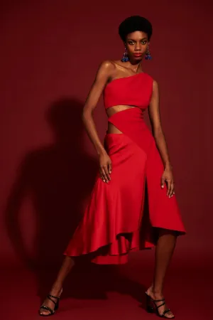Cut Out Asymmetrical Satin and Crepe Dress