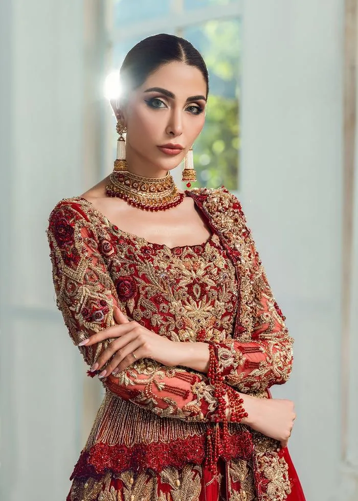 Designer Pakistani Bridal Dress in Embellished Zardozi Worked Maroon Color Lehenga Choli in Peplum Style for Pakistani Bride in Barat Wear #BN924