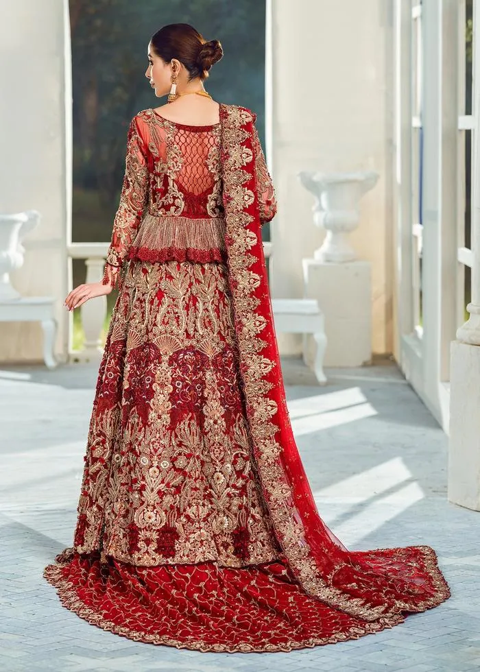 Designer Pakistani Bridal Dress in Embellished Zardozi Worked Maroon Color Lehenga Choli in Peplum Style for Pakistani Bride in Barat Wear #BN924