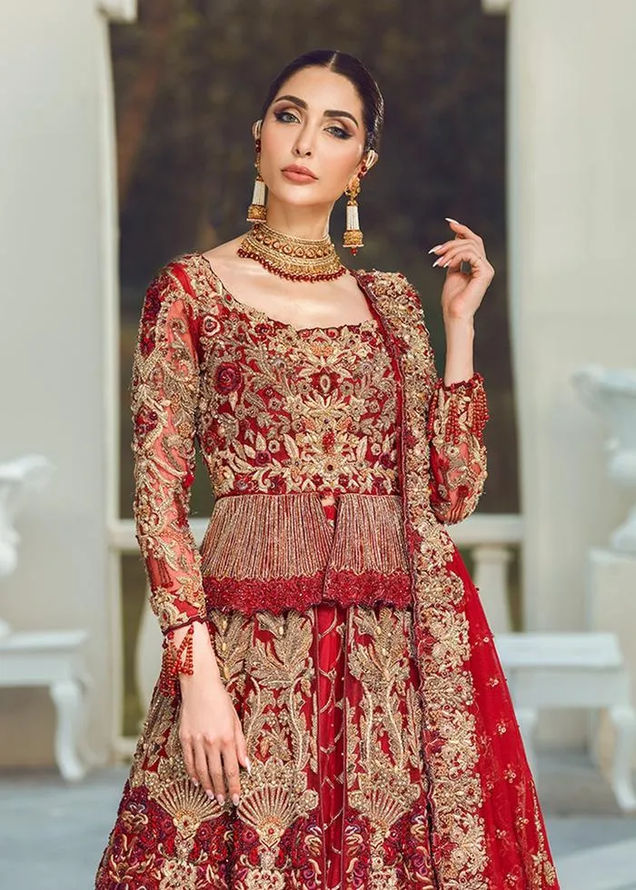 Designer Pakistani Bridal Dress in Embellished Zardozi Worked Maroon Color Lehenga Choli in Peplum Style for Pakistani Bride in Barat Wear #BN924