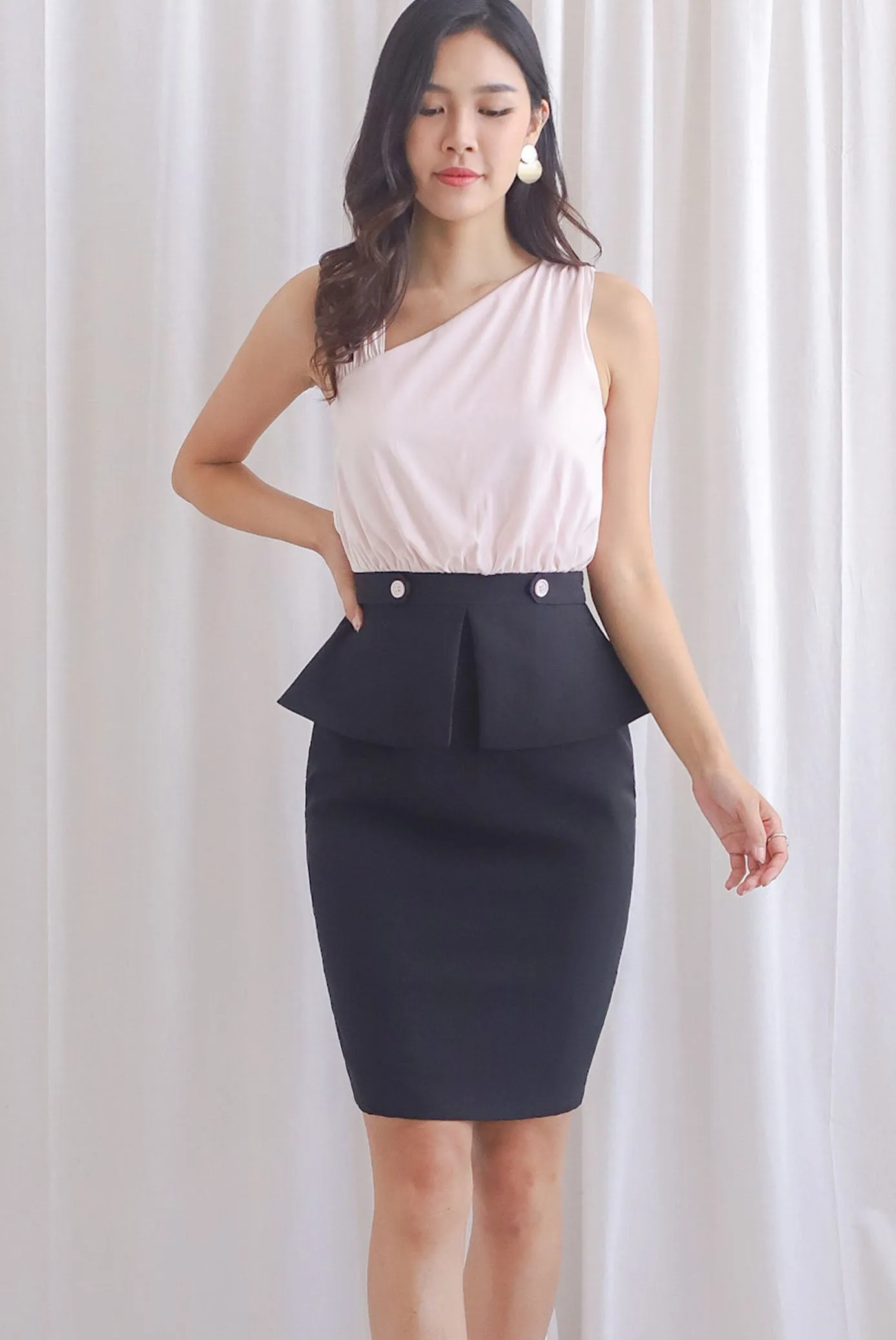 Devorah Asym Neckline Peplum Work Dress In Black