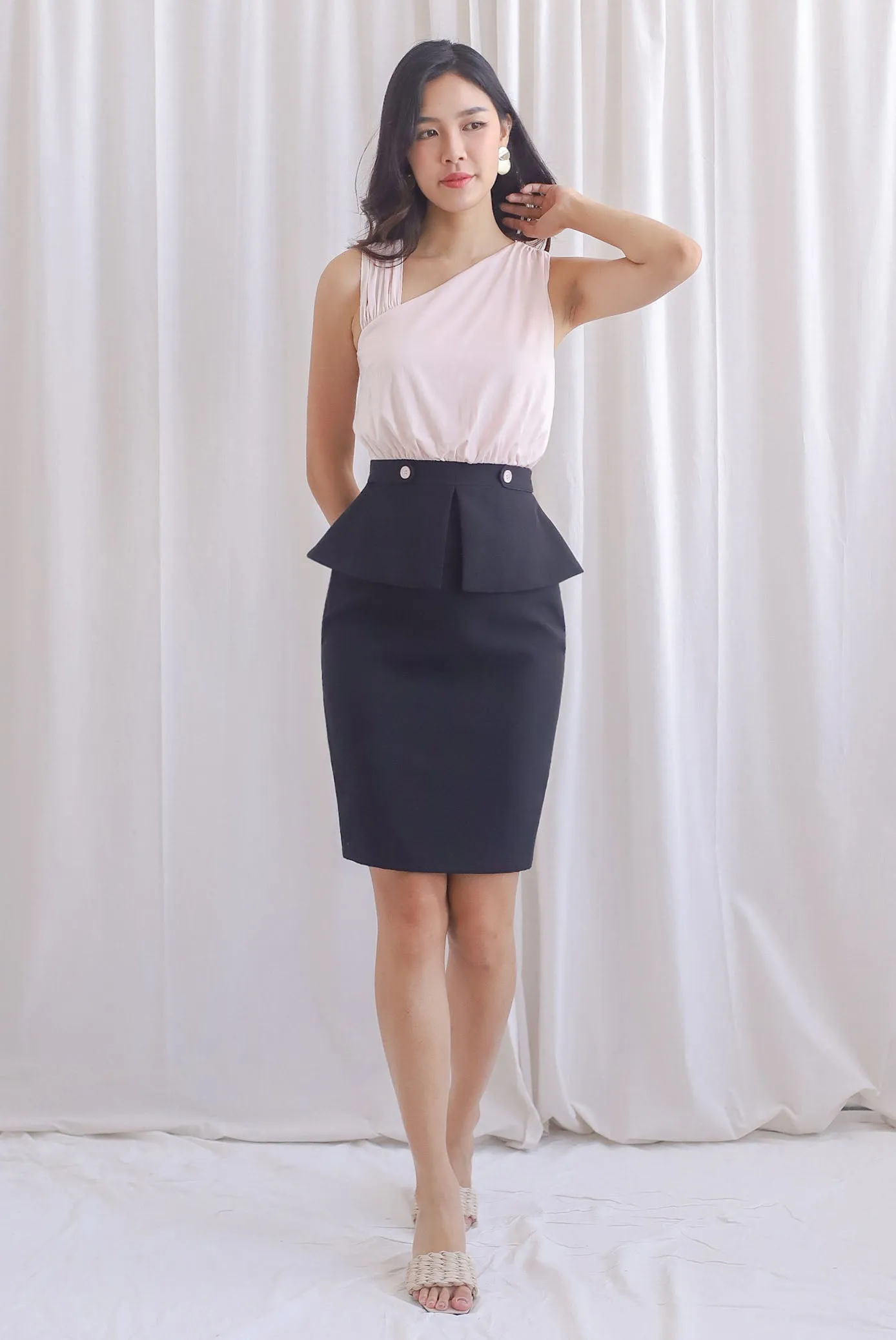 Devorah Asym Neckline Peplum Work Dress In Black