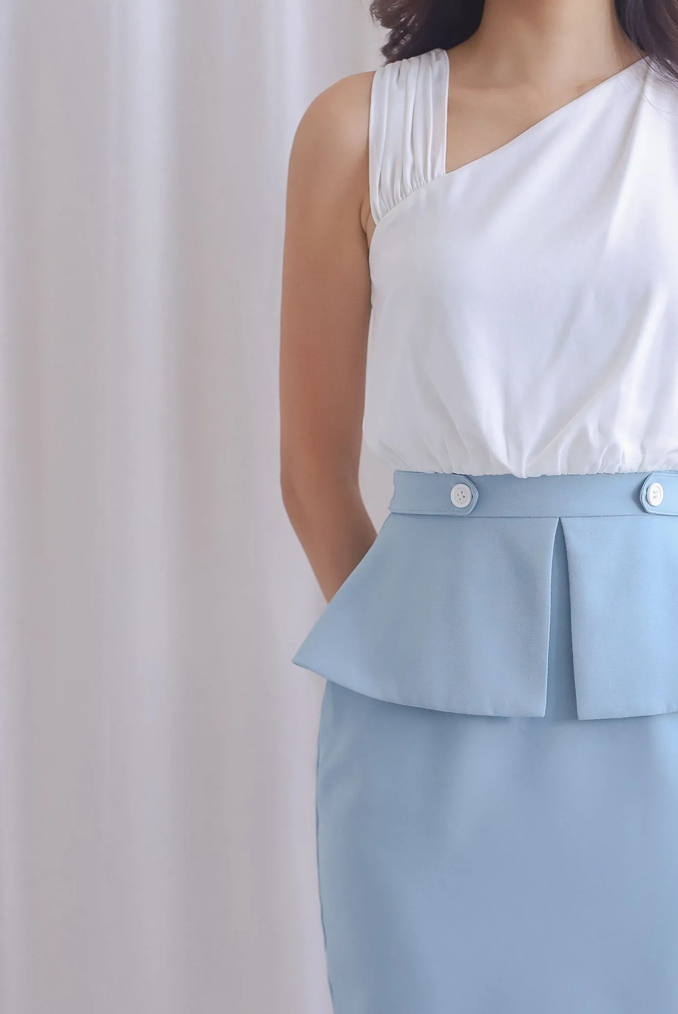 Devorah Asym Neckline Peplum Work Dress In Blue