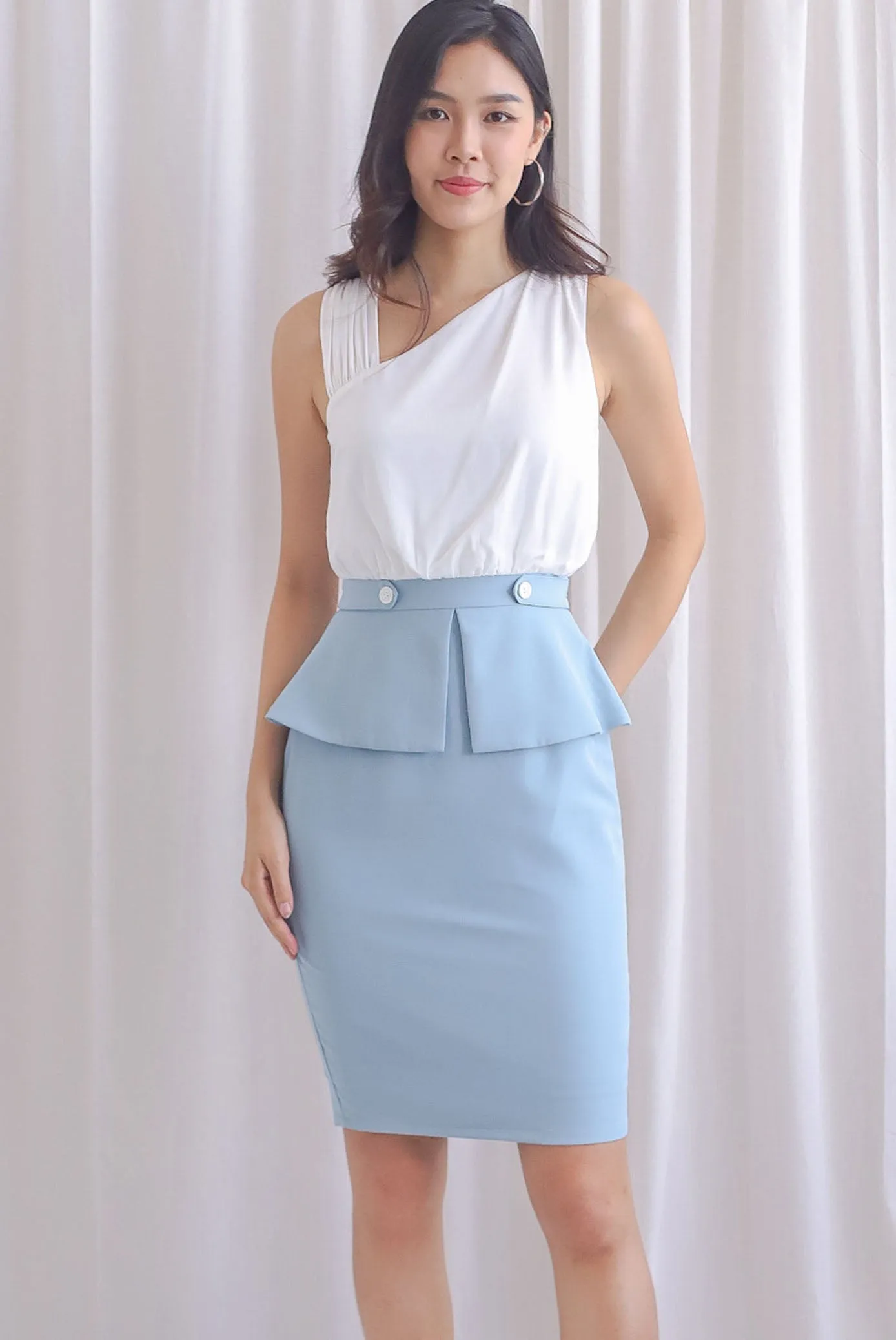 Devorah Asym Neckline Peplum Work Dress In Blue