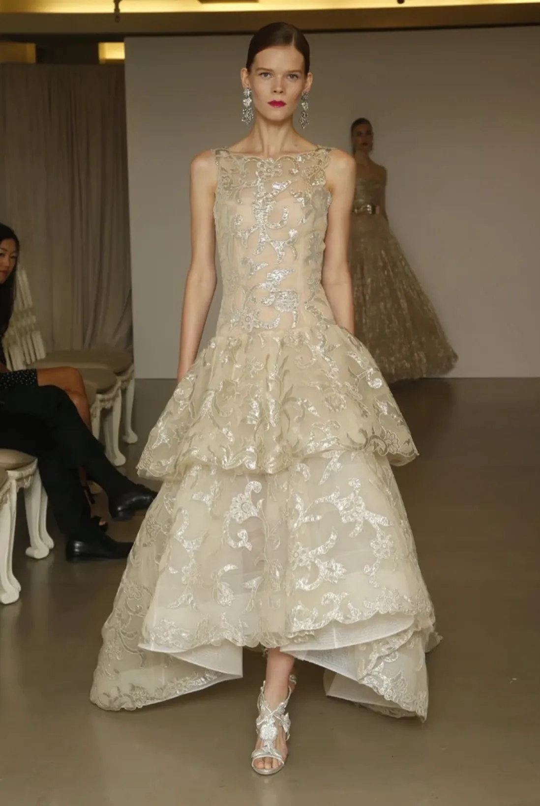 Dreamy Pre-Fall 2015 Oscar de la Renta Look 36 Metallic Gold Applique & Ivory Net Dress