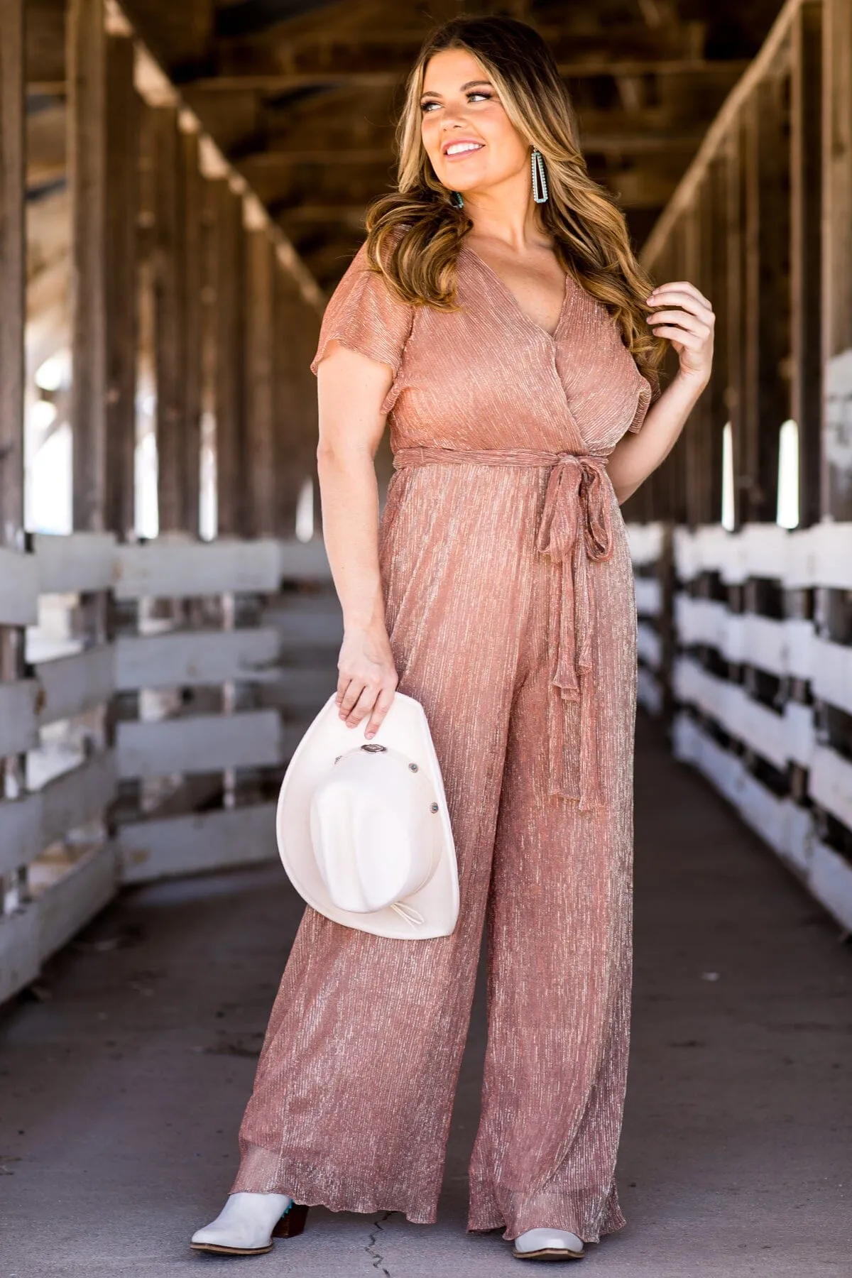 Dusty Rose Metallic Surplice Front Jumpsuit