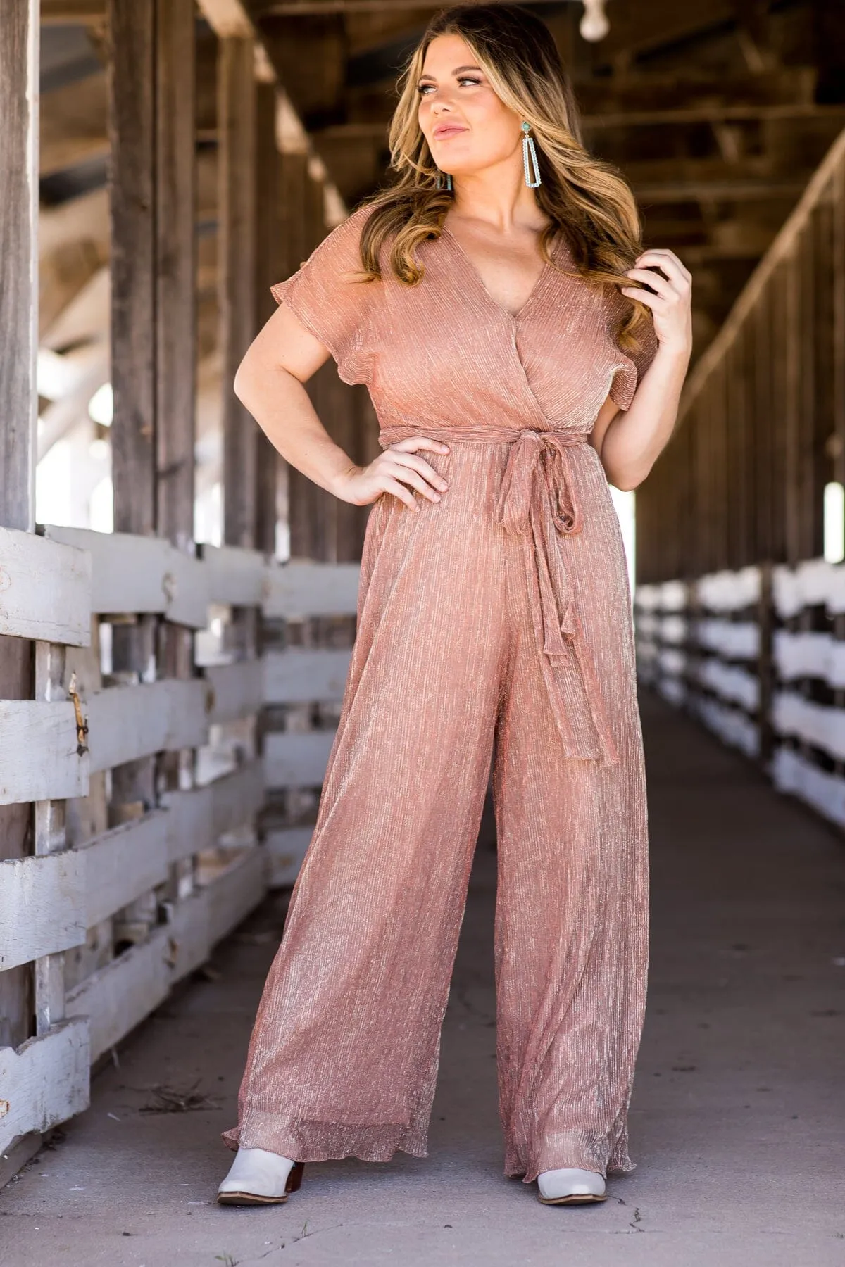 Dusty Rose Metallic Surplice Front Jumpsuit