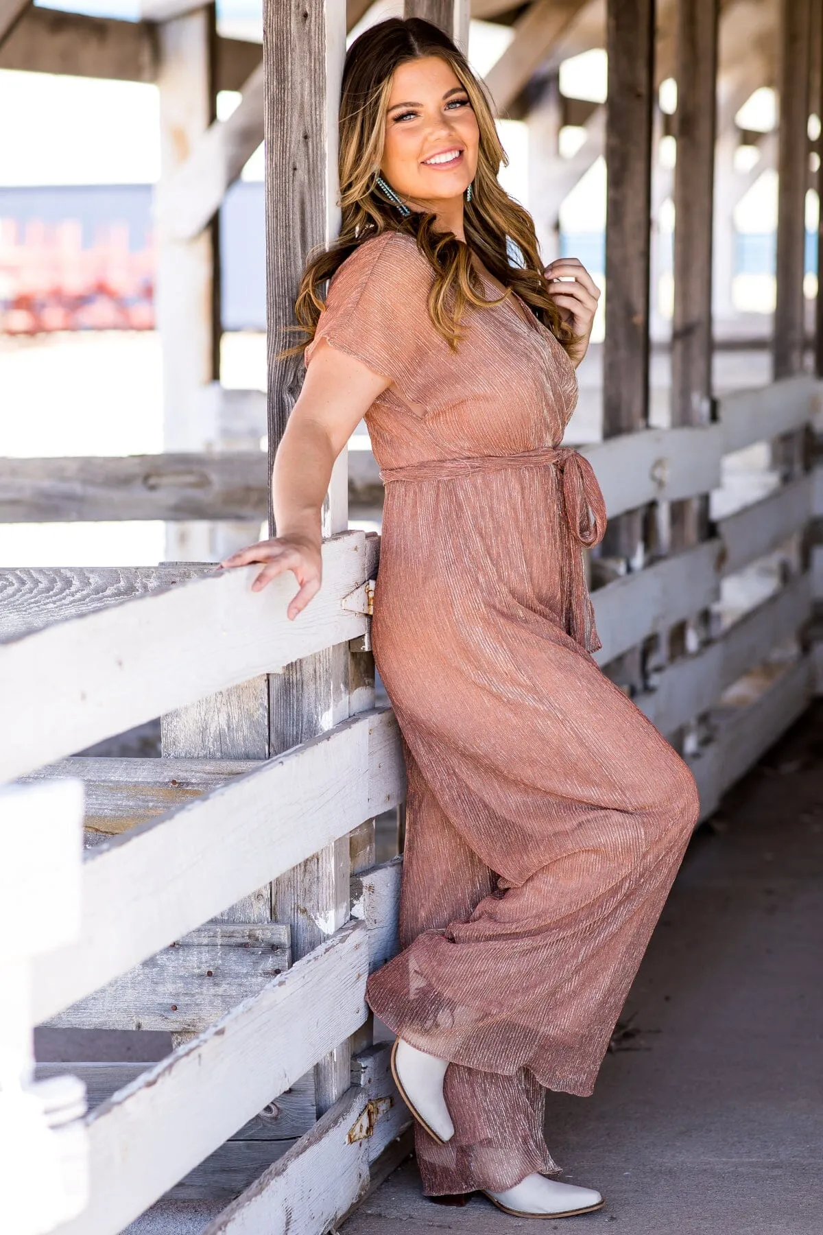 Dusty Rose Metallic Surplice Front Jumpsuit