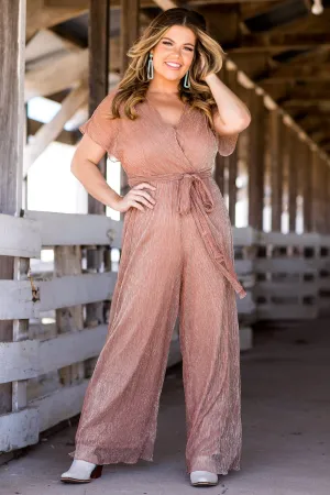 Dusty Rose Metallic Surplice Front Jumpsuit