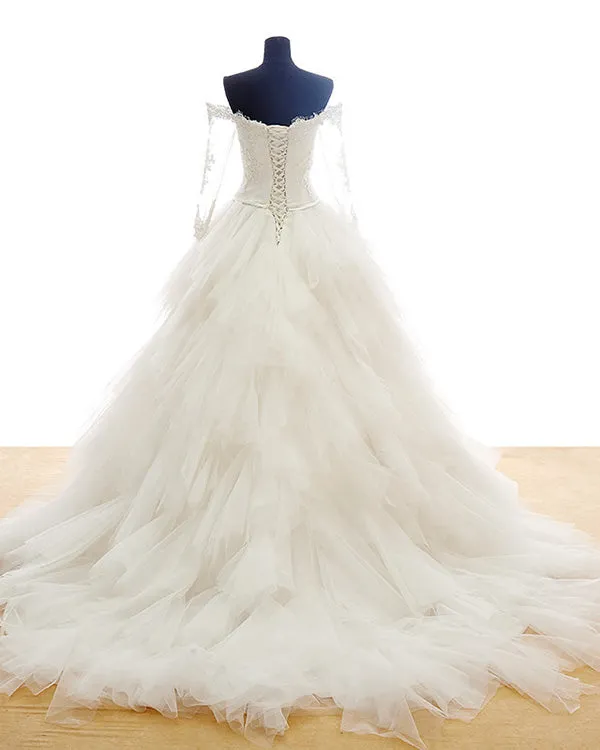 Elegant Tulle Layered Skirts Wedding Dresses Ball Gown Full Sleeve Lace Appliques Bridal Gown