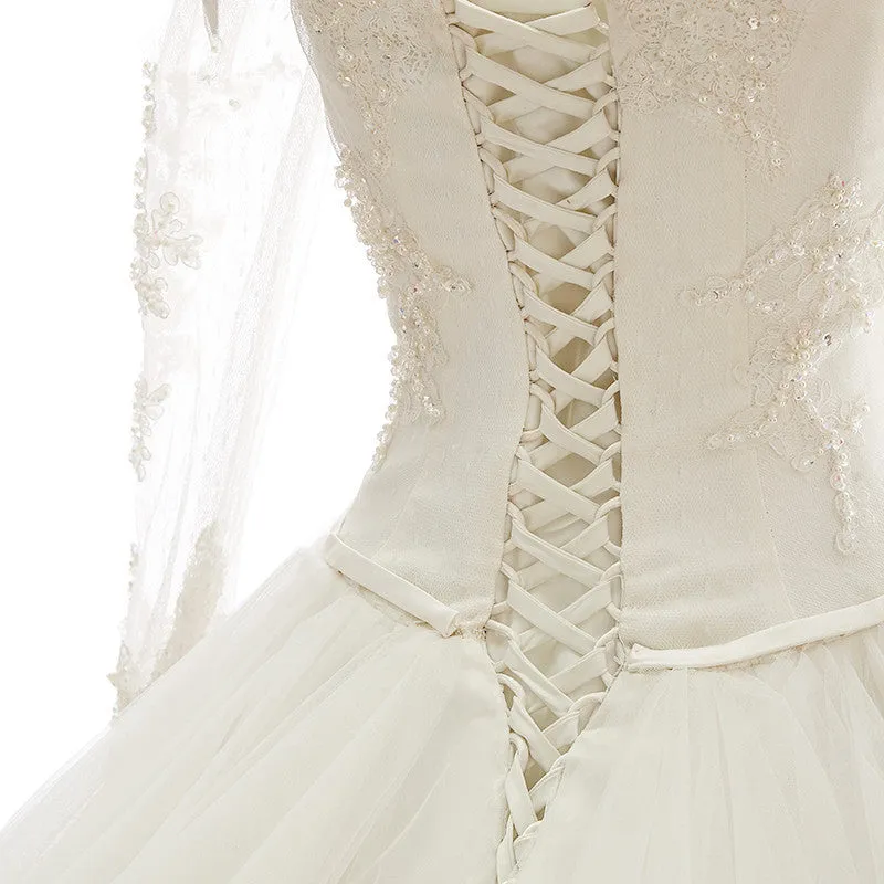 Elegant Tulle Layered Skirts Wedding Dresses Ball Gown Full Sleeve Lace Appliques Bridal Gown