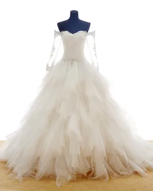 Elegant Tulle Layered Skirts Wedding Dresses Ball Gown Full Sleeve Lace Appliques Bridal Gown
