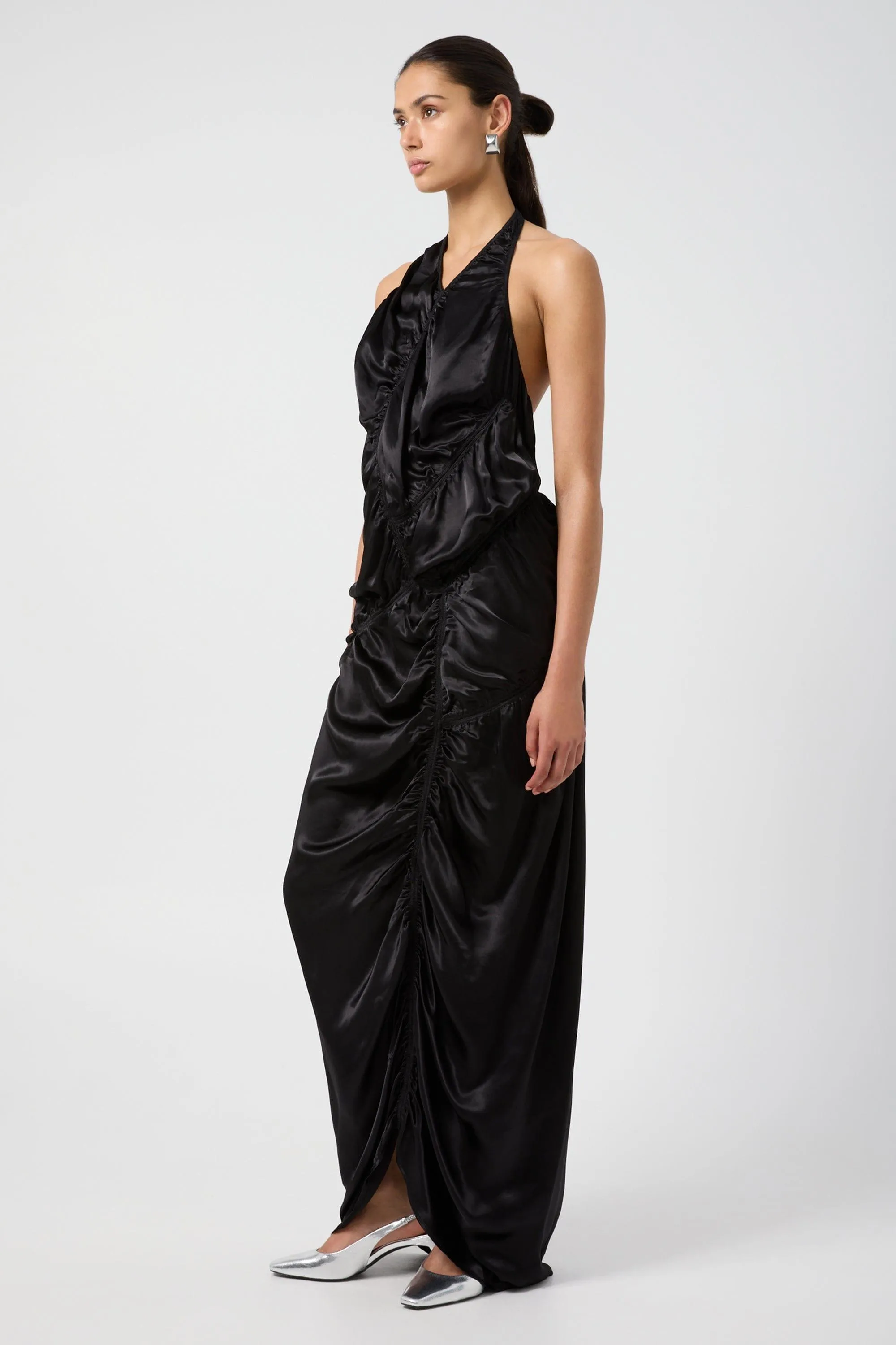 ELEMENTAL RUCHED HALTER DRESS | BLACK