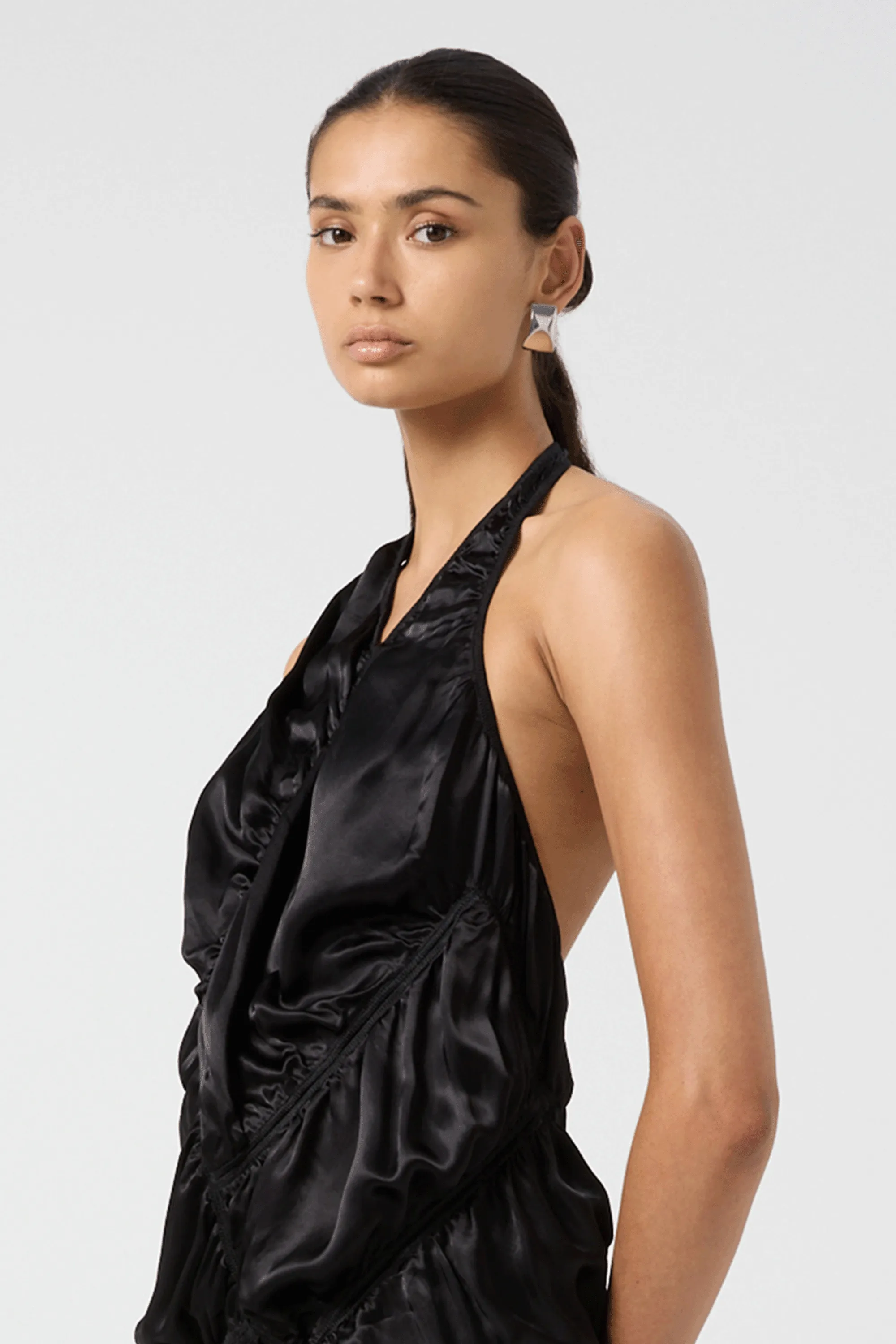 ELEMENTAL RUCHED HALTER DRESS | BLACK