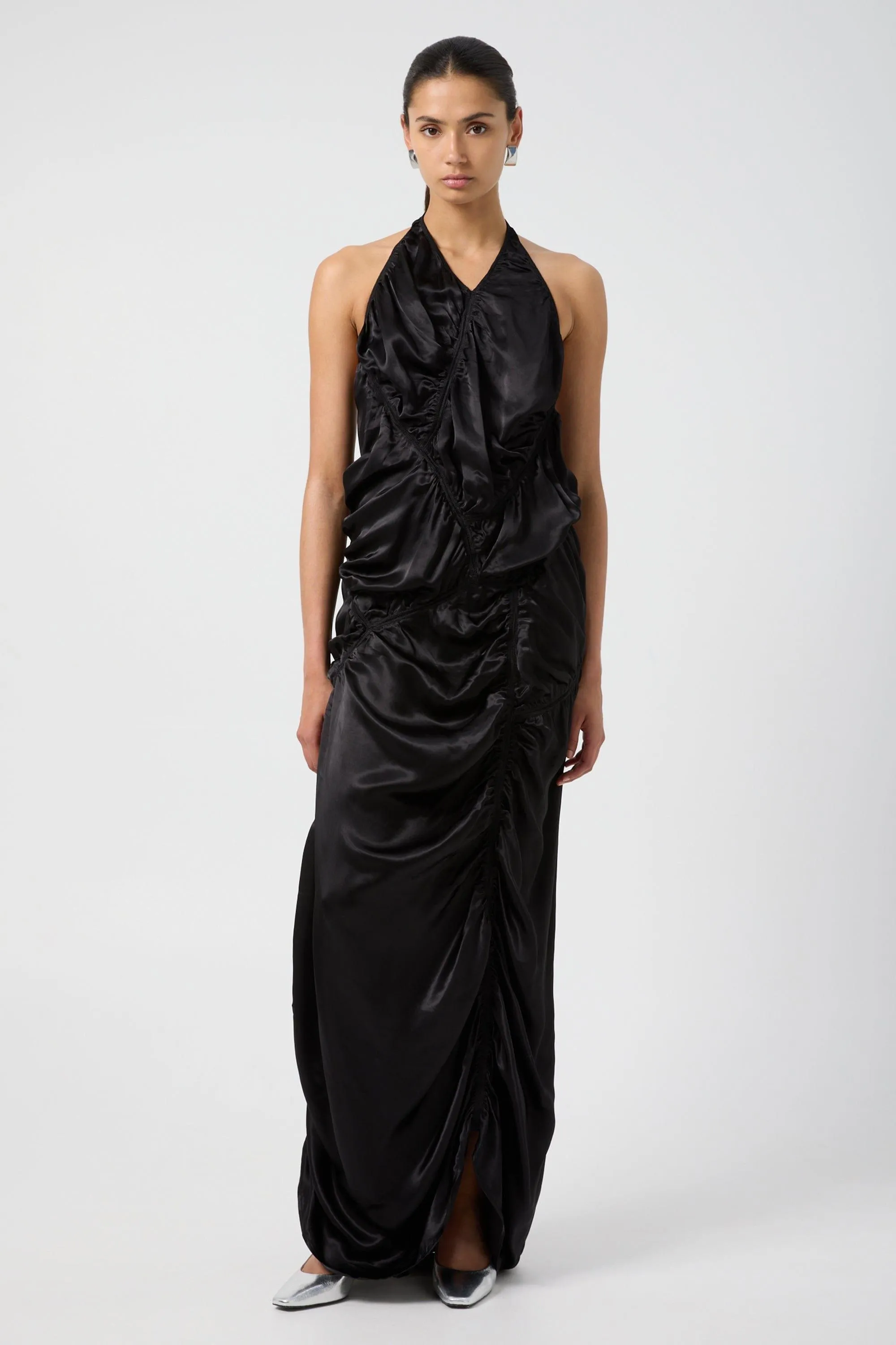 ELEMENTAL RUCHED HALTER DRESS | BLACK