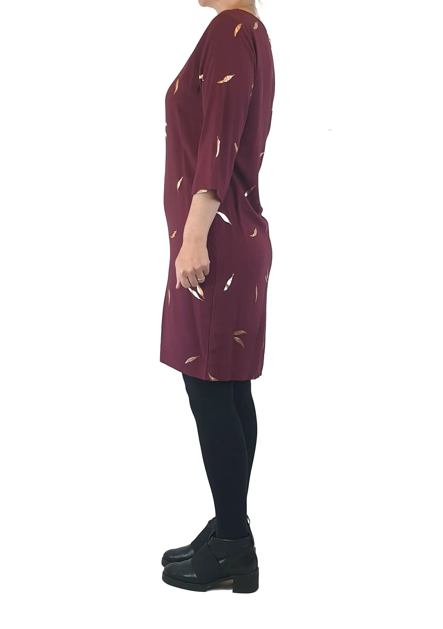 Elm burgundy dress with metallic leaf print size 8