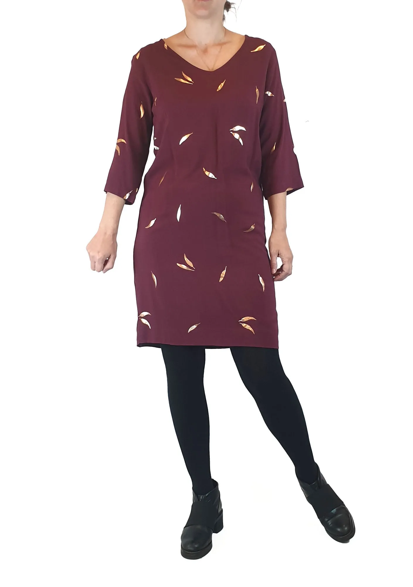 Elm burgundy dress with metallic leaf print size 8