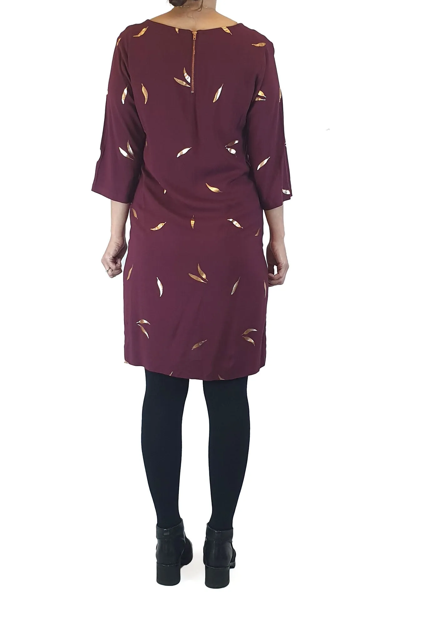 Elm burgundy dress with metallic leaf print size 8