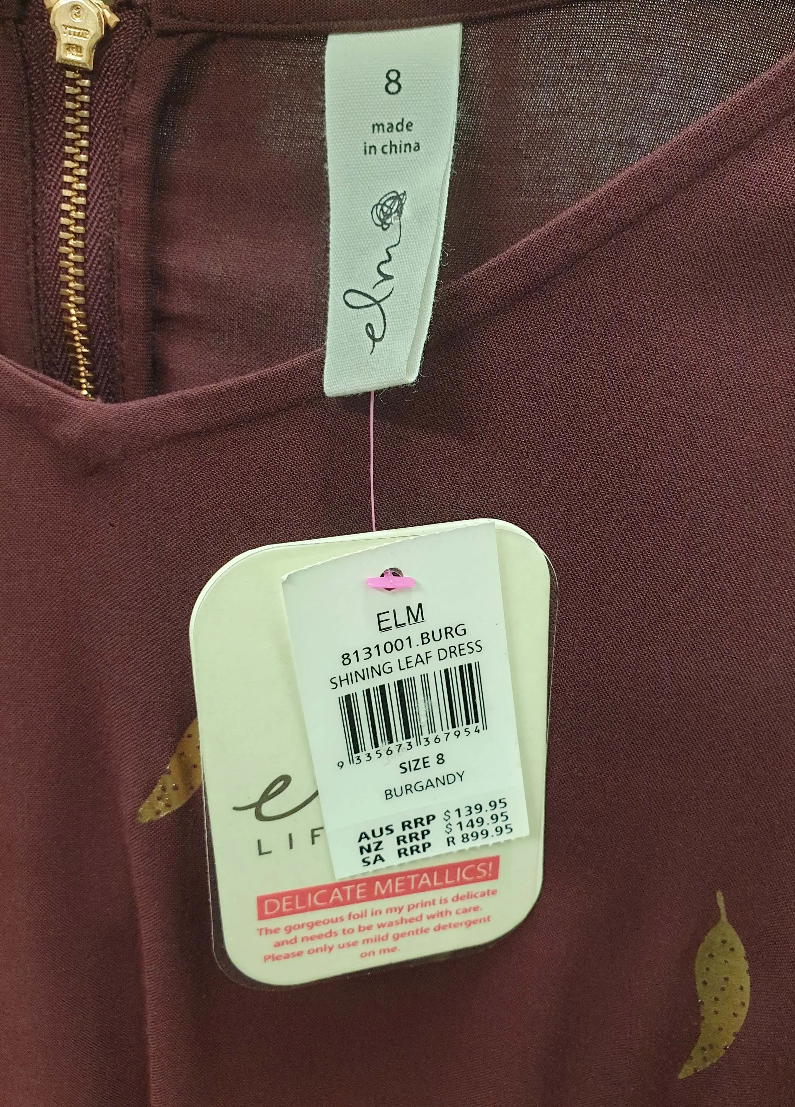 Elm burgundy dress with metallic leaf print size 8
