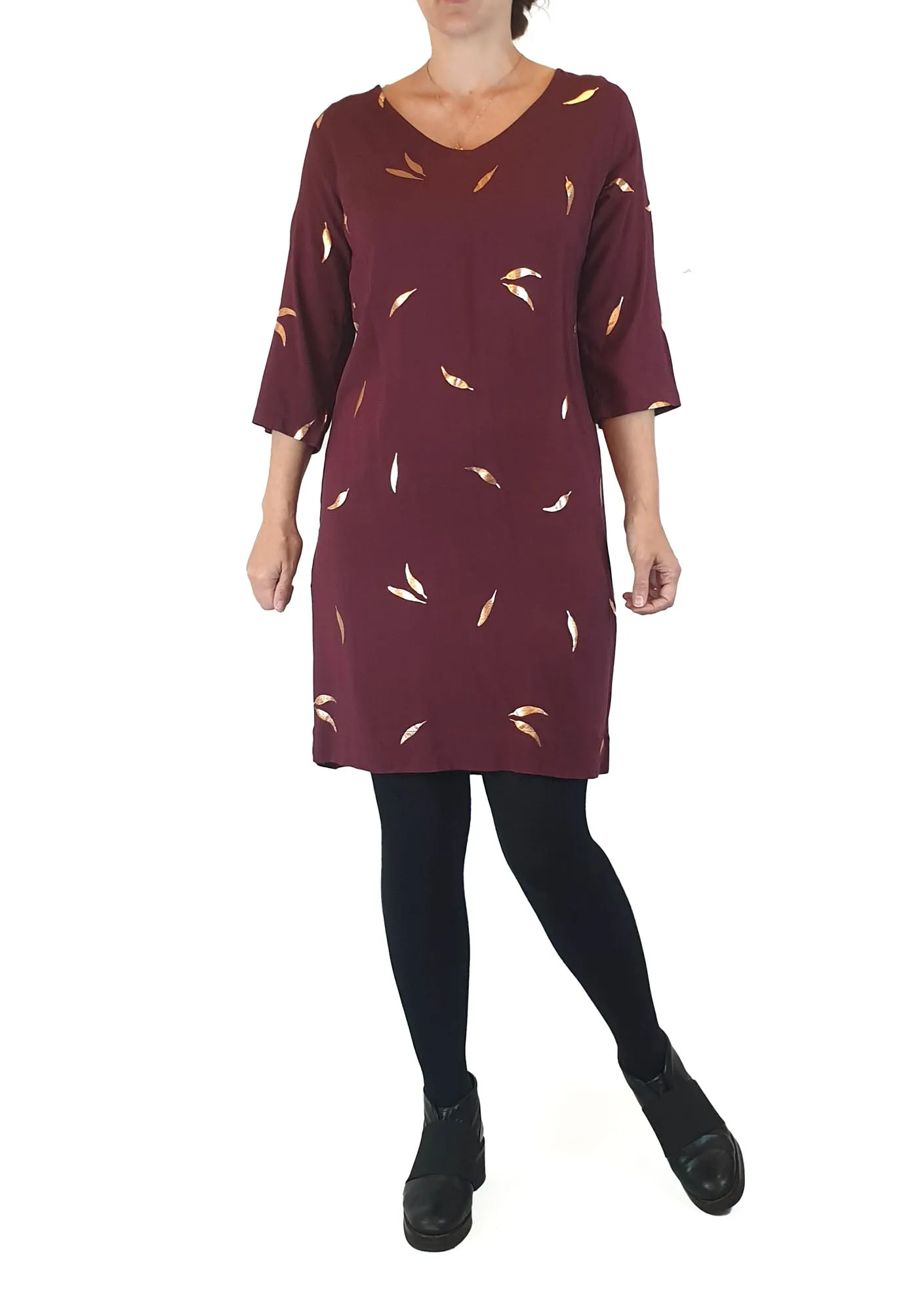 Elm burgundy dress with metallic leaf print size 8