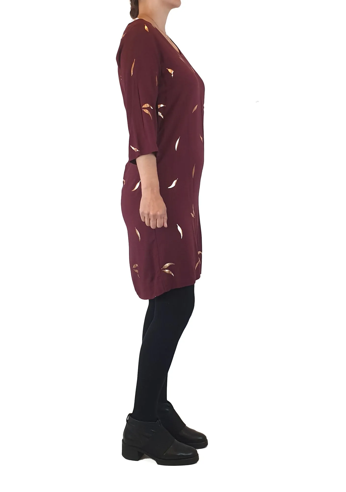 Elm burgundy dress with metallic leaf print size 8