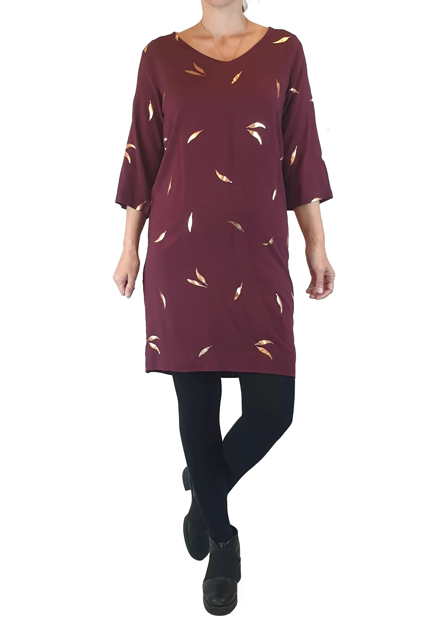 Elm burgundy dress with metallic leaf print size 8