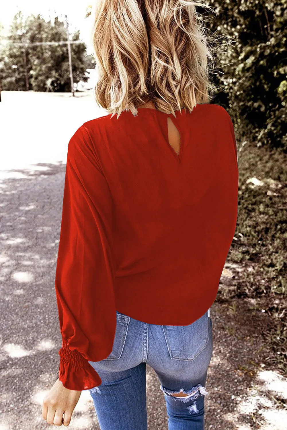 Fiery Red Crew Neck Ruffle Bubble Sleeve Top