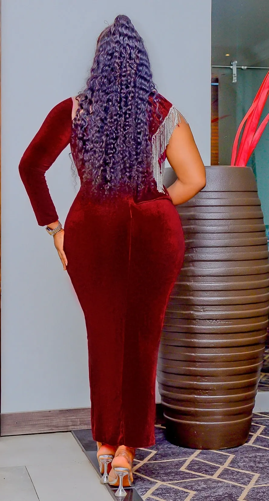 FINAL SALE! Mirabel Luxe- Draping Rhinestone Ruffle Slit Dress/Belt (CLEARANCE OUTLET! Final Sale/No Return/No Exchange!)