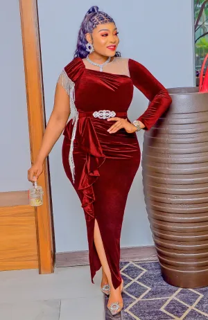 FINAL SALE! Mirabel Luxe- Draping Rhinestone Ruffle Slit Dress/Belt (CLEARANCE OUTLET! Final Sale/No Return/No Exchange!)