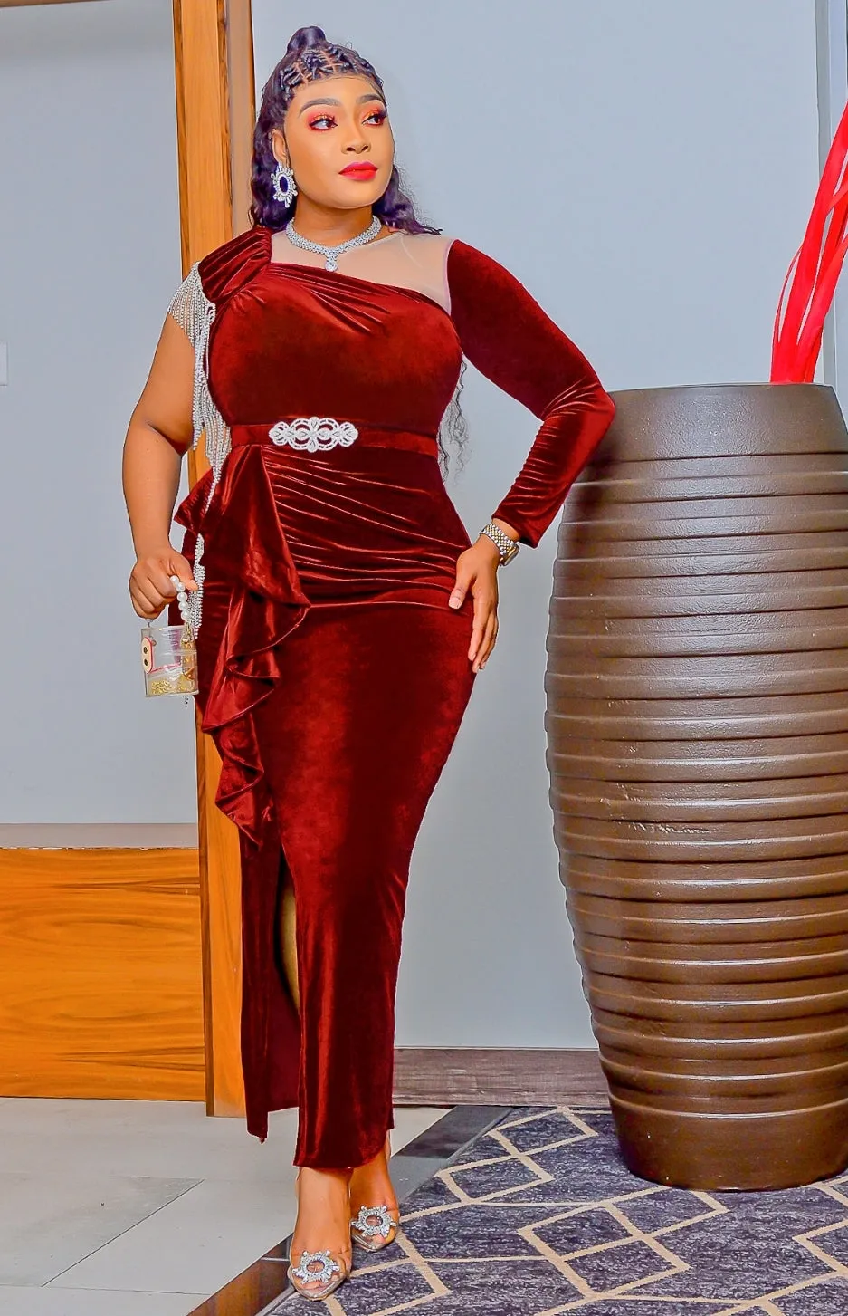 FINAL SALE! Mirabel Luxe- Draping Rhinestone Ruffle Slit Dress/Belt (CLEARANCE OUTLET! Final Sale/No Return/No Exchange!)