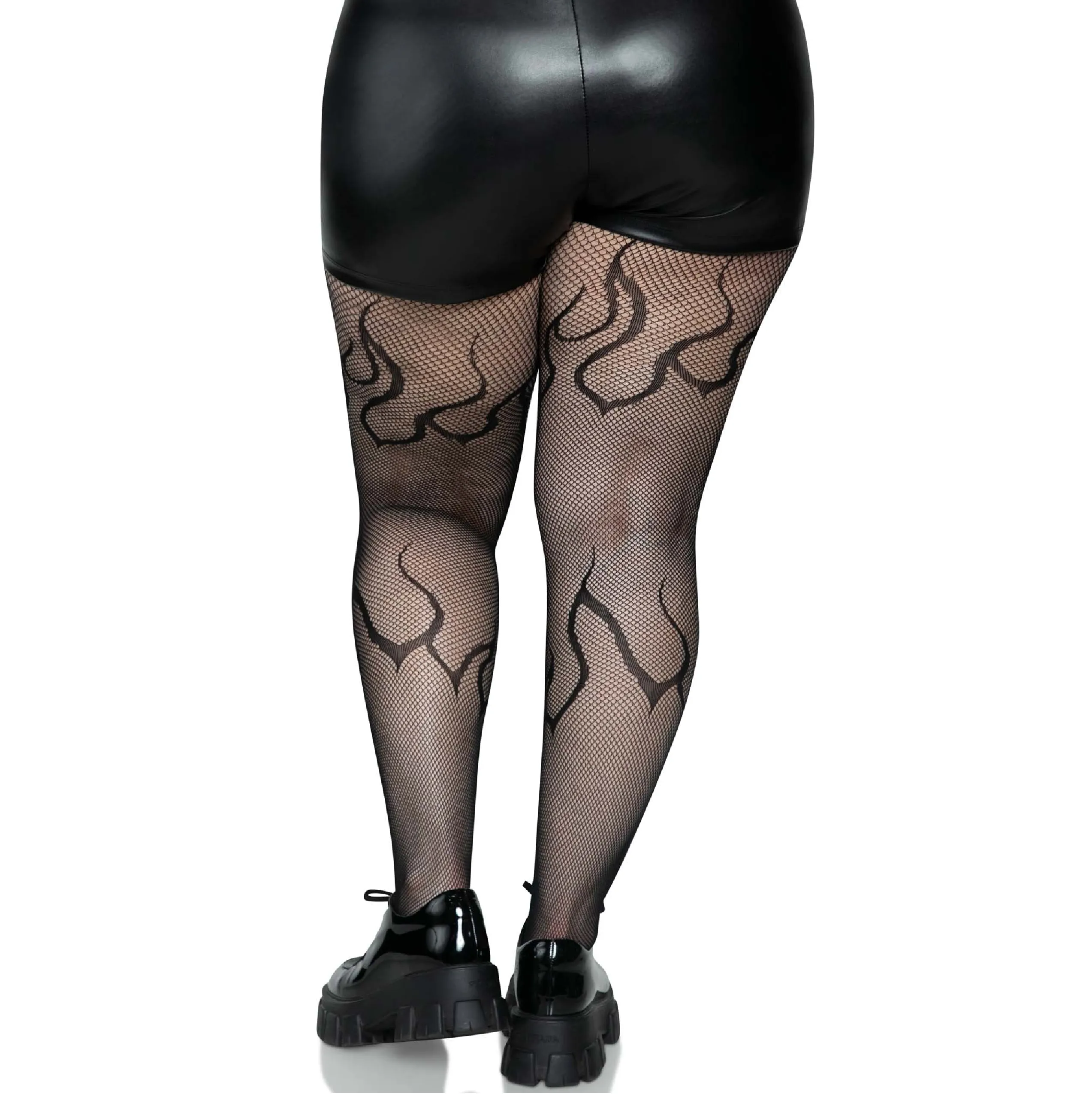 Flame Fishnet Tights - Black 1X/2X