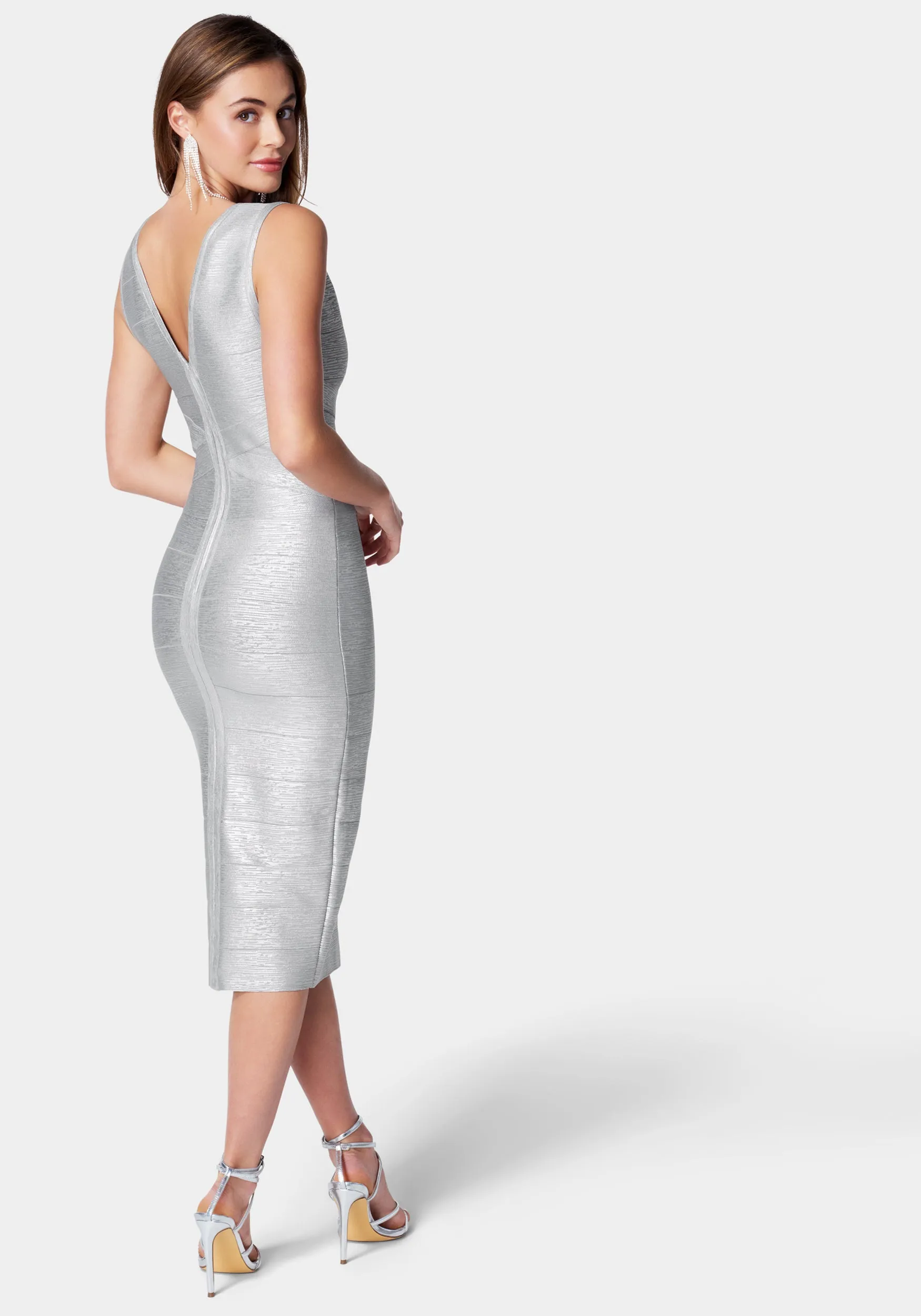 Foiled Bandage V Neck Midi Dress