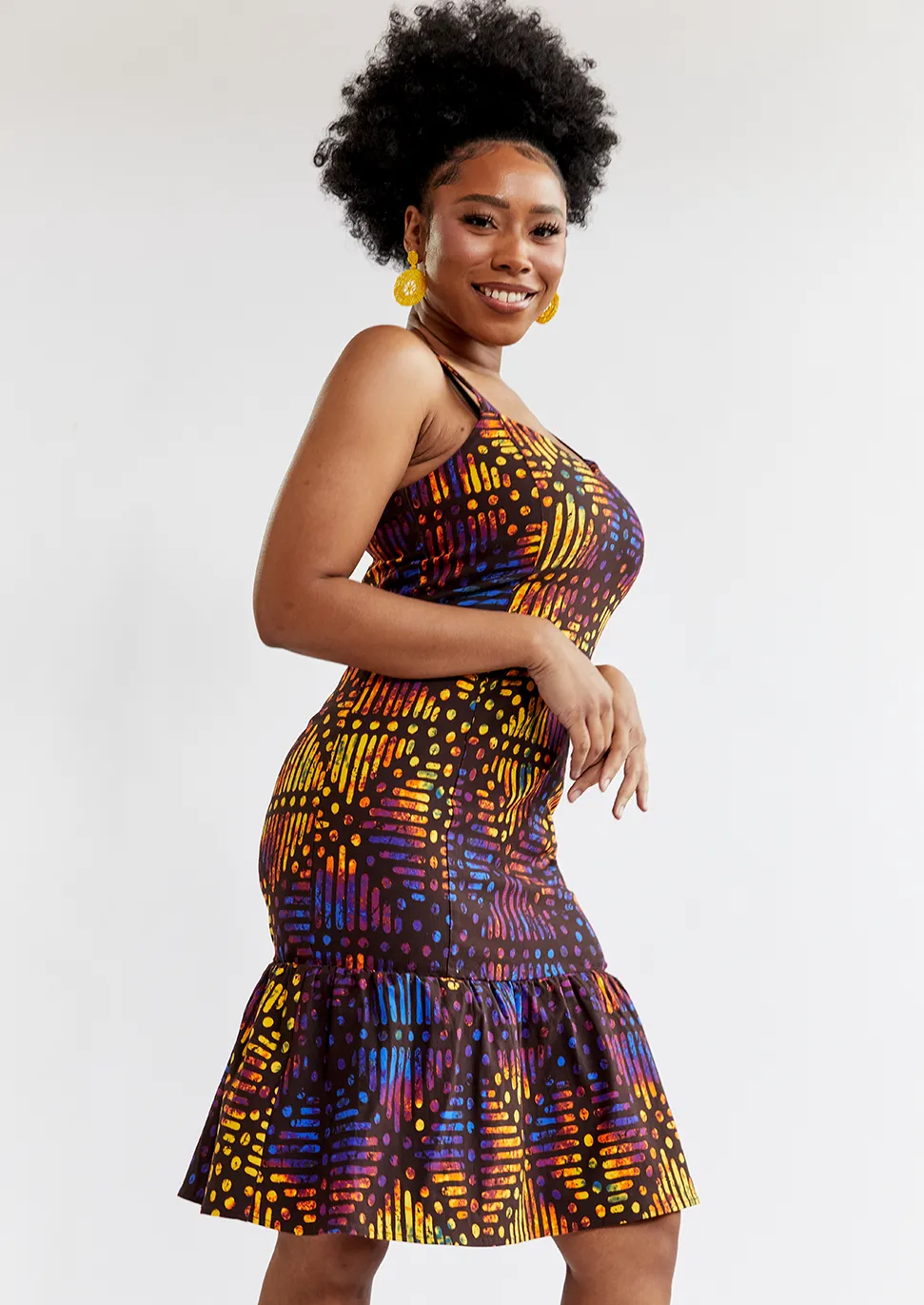 Gazania Women's African Print Stretch Dress (Sunset Adire) - Clearance