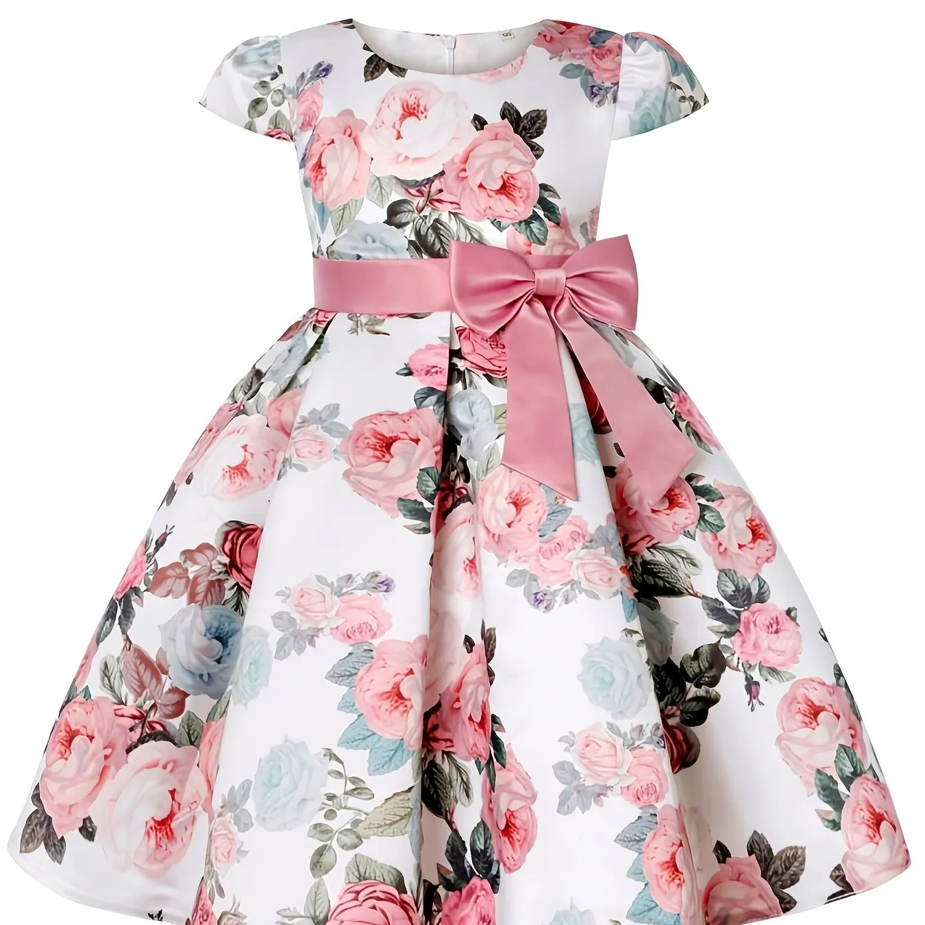 Girls Princess Short Sleeve Bow Printed Dress