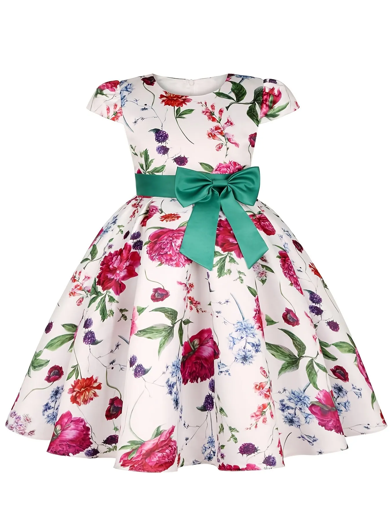 Girls Princess Short Sleeve Bow Printed Dress
