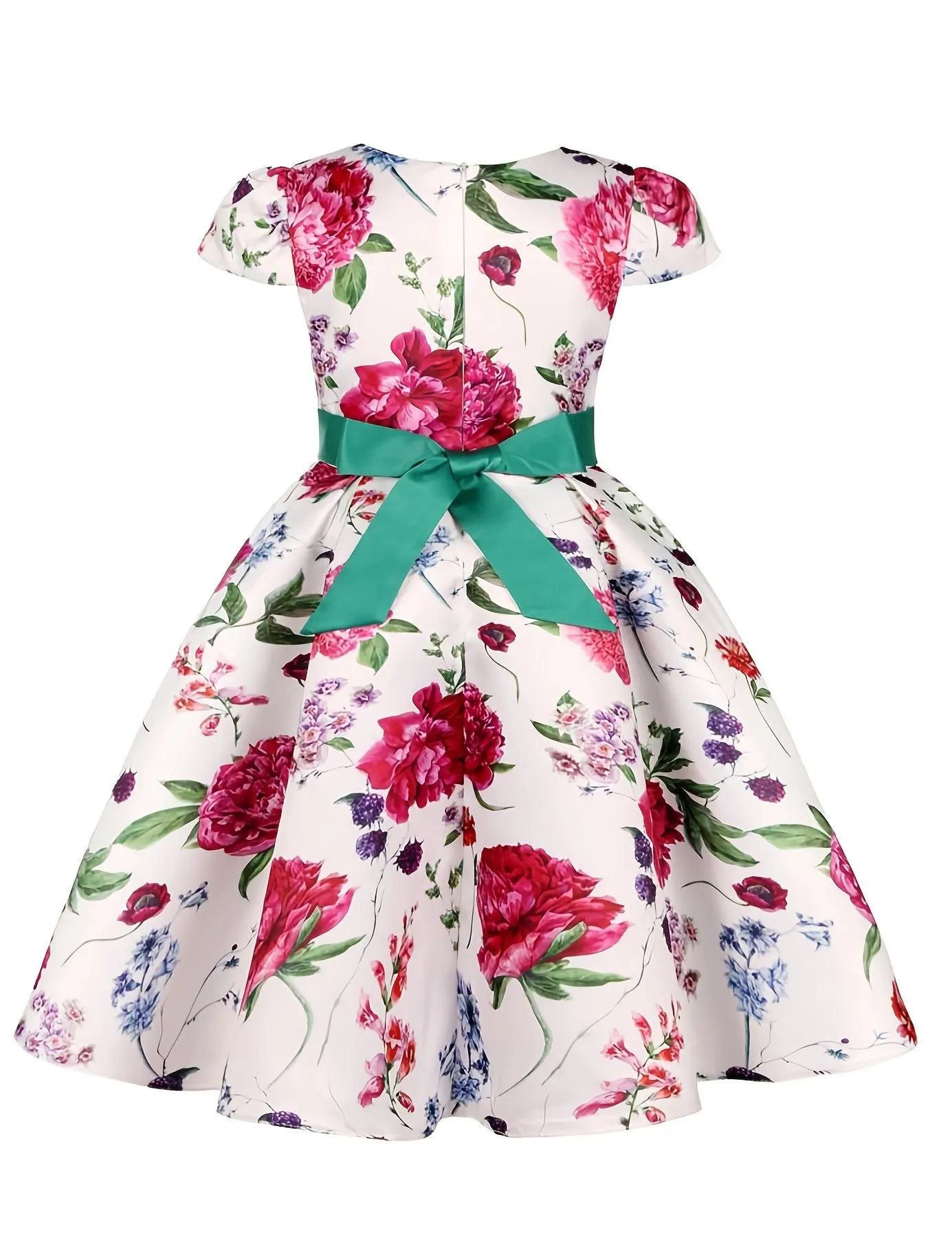 Girls Princess Short Sleeve Bow Printed Dress