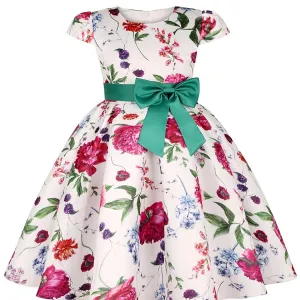 Girls Princess Short Sleeve Bow Printed Dress