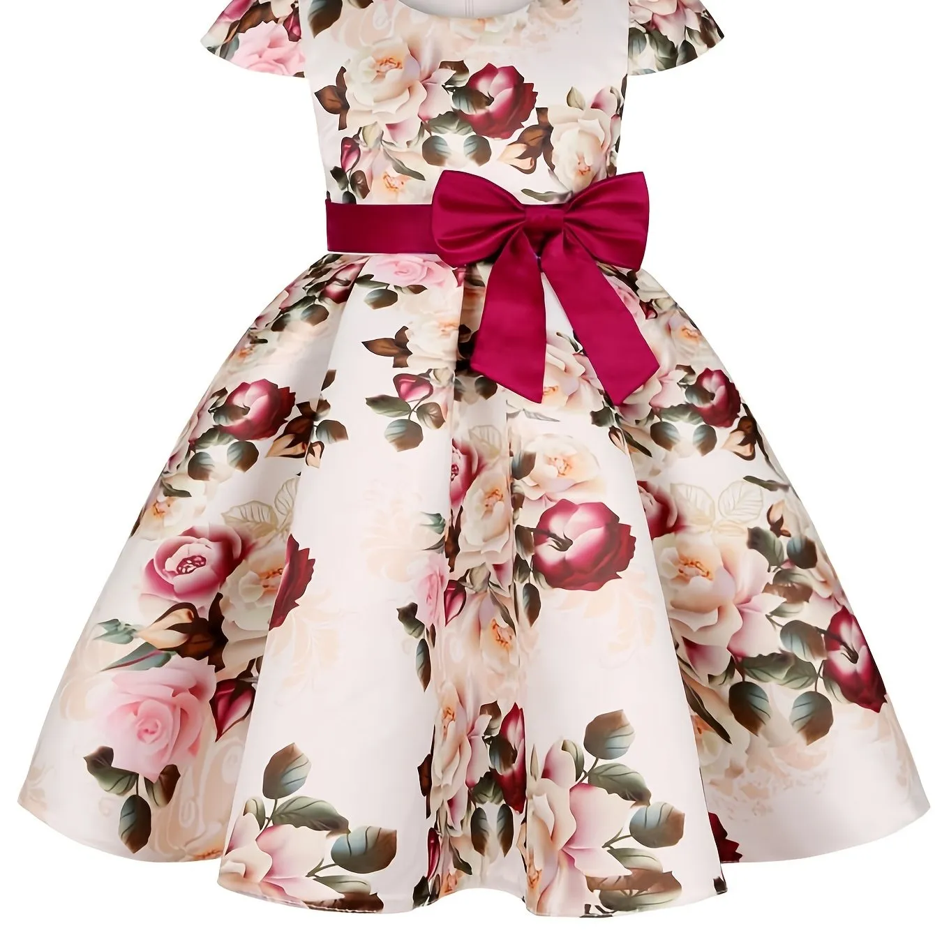 Girls Princess Short Sleeve Bow Printed Dress