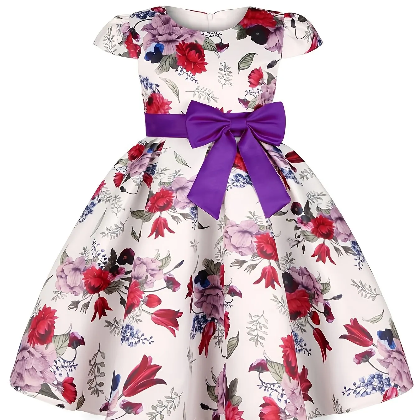 Girls Princess Short Sleeve Bow Printed Dress