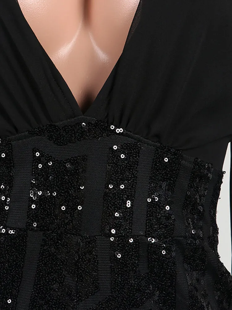 Glitter Deep V Neck Cape sleeve Wide Leg Pant Jumpsuit