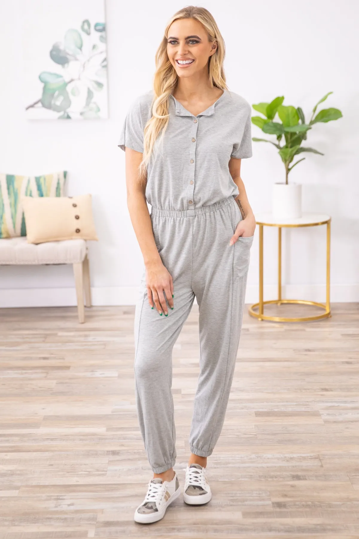 Grey Short Sleeve Jumpsuit With Pockets