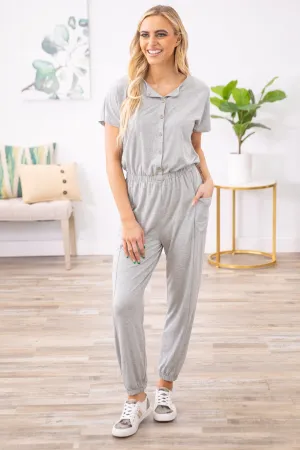 Grey Short Sleeve Jumpsuit With Pockets