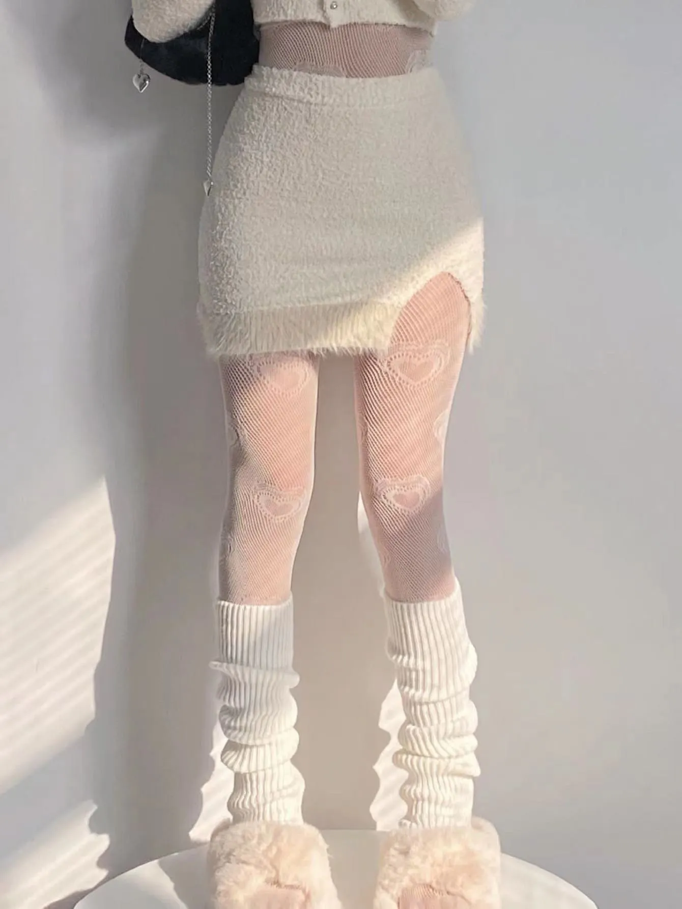 Heart Pattern Fishnet Tights & Leg Warmers - White- FD ⚡