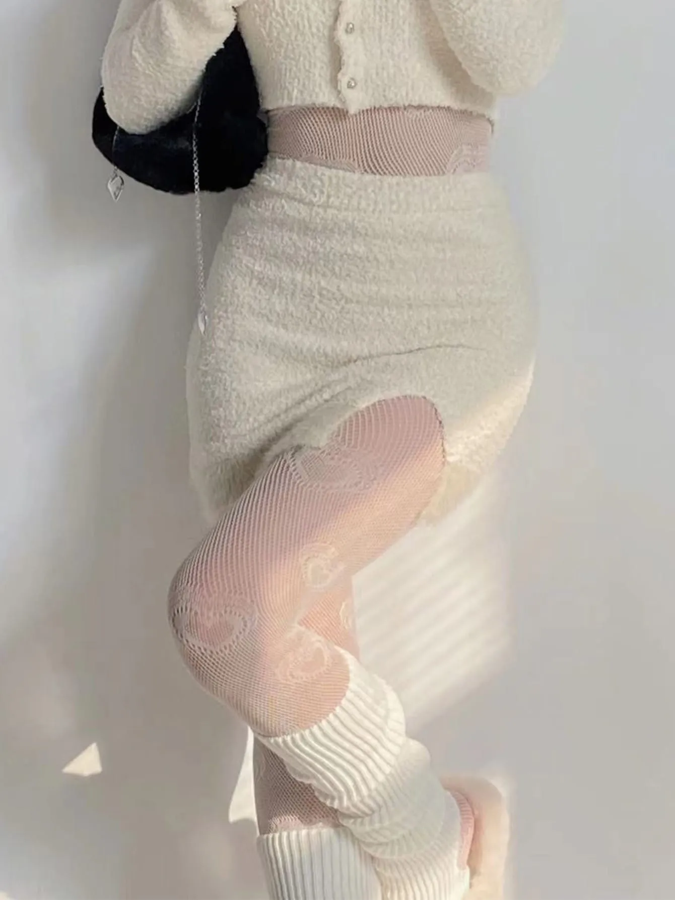 Heart Pattern Fishnet Tights & Leg Warmers - White- FD ⚡