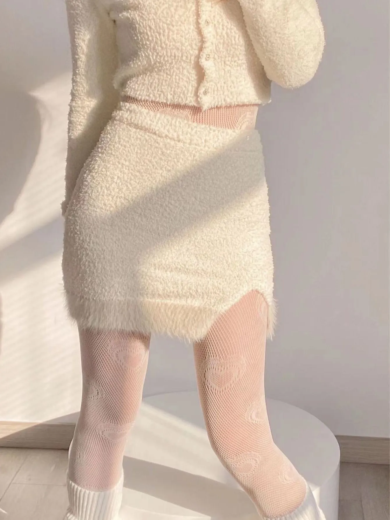 Heart Pattern Fishnet Tights & Leg Warmers - White- FD ⚡