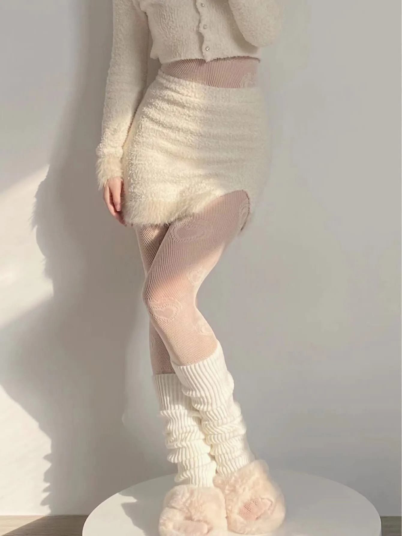 Heart Pattern Fishnet Tights & Leg Warmers - White- FD ⚡