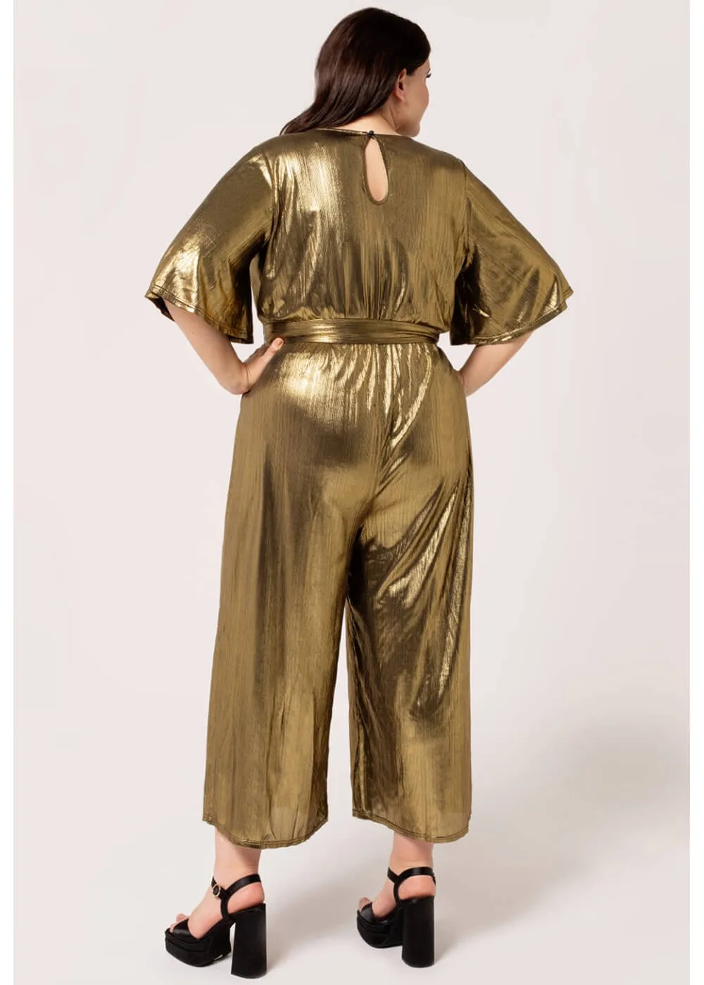 Hell Bunny Gigi Metallic 70's Jumpsuit Gold