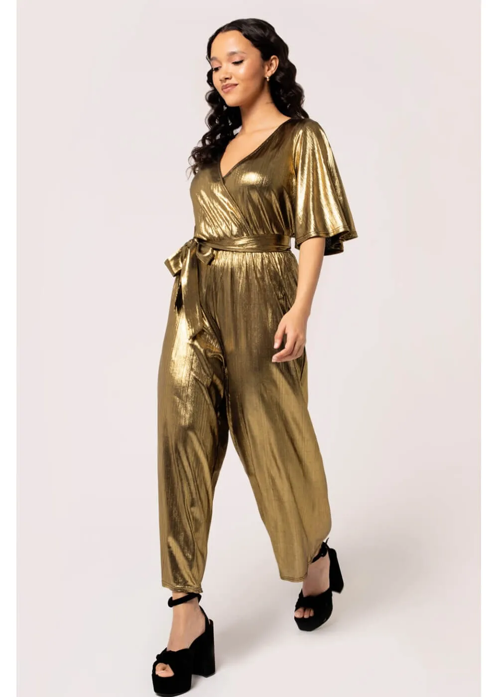 Hell Bunny Gigi Metallic 70's Jumpsuit Gold