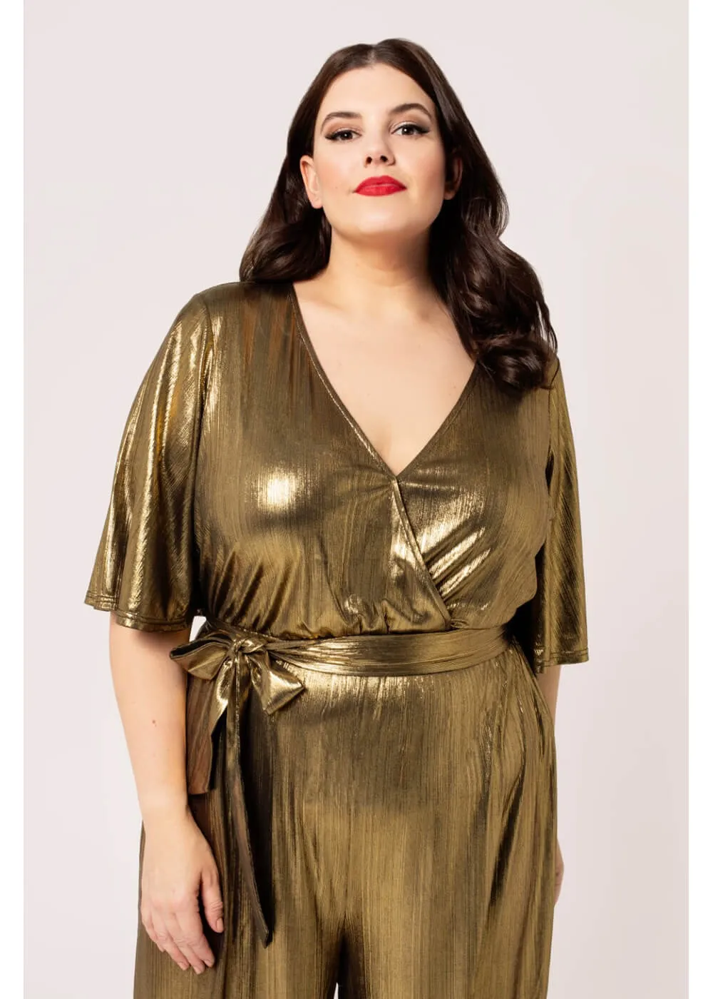 Hell Bunny Gigi Metallic 70's Jumpsuit Gold
